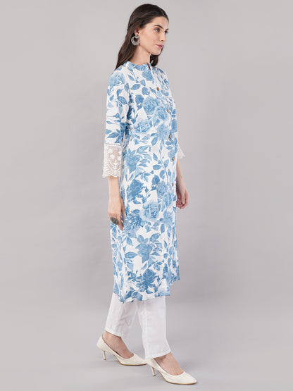 Blue &amp; White Floral Printed Straight Kurta with Lace Detailing