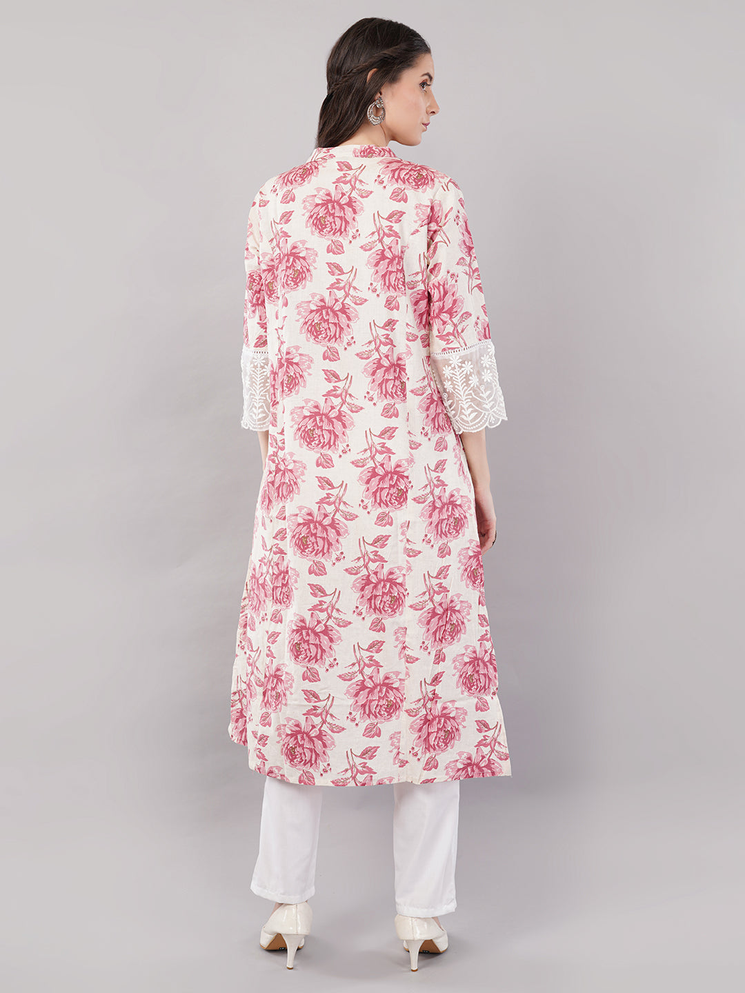 Floral Printed Straight Kurta with Lace Cuff Detailing – Pink &amp; White