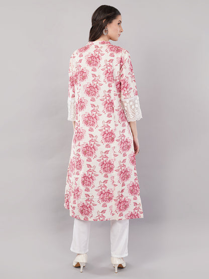 Floral Printed Straight Kurta with Lace Cuff Detailing – Pink &amp; White