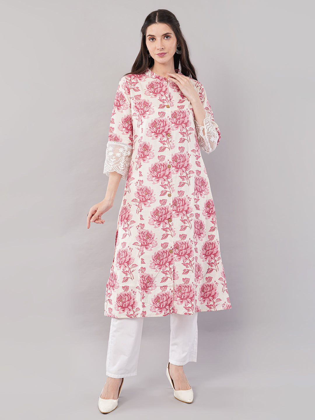 Floral Printed Straight Kurta with Lace Cuff Detailing – Pink &amp; White