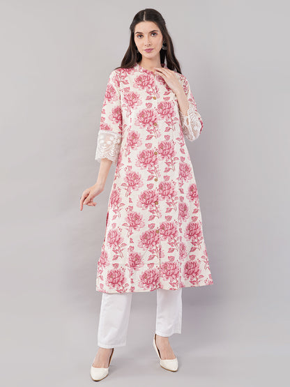 Floral Printed Straight Kurta with Lace Cuff Detailing – Pink &amp; White
