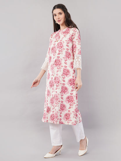 Floral Printed Straight Kurta with Lace Cuff Detailing – Pink &amp; White