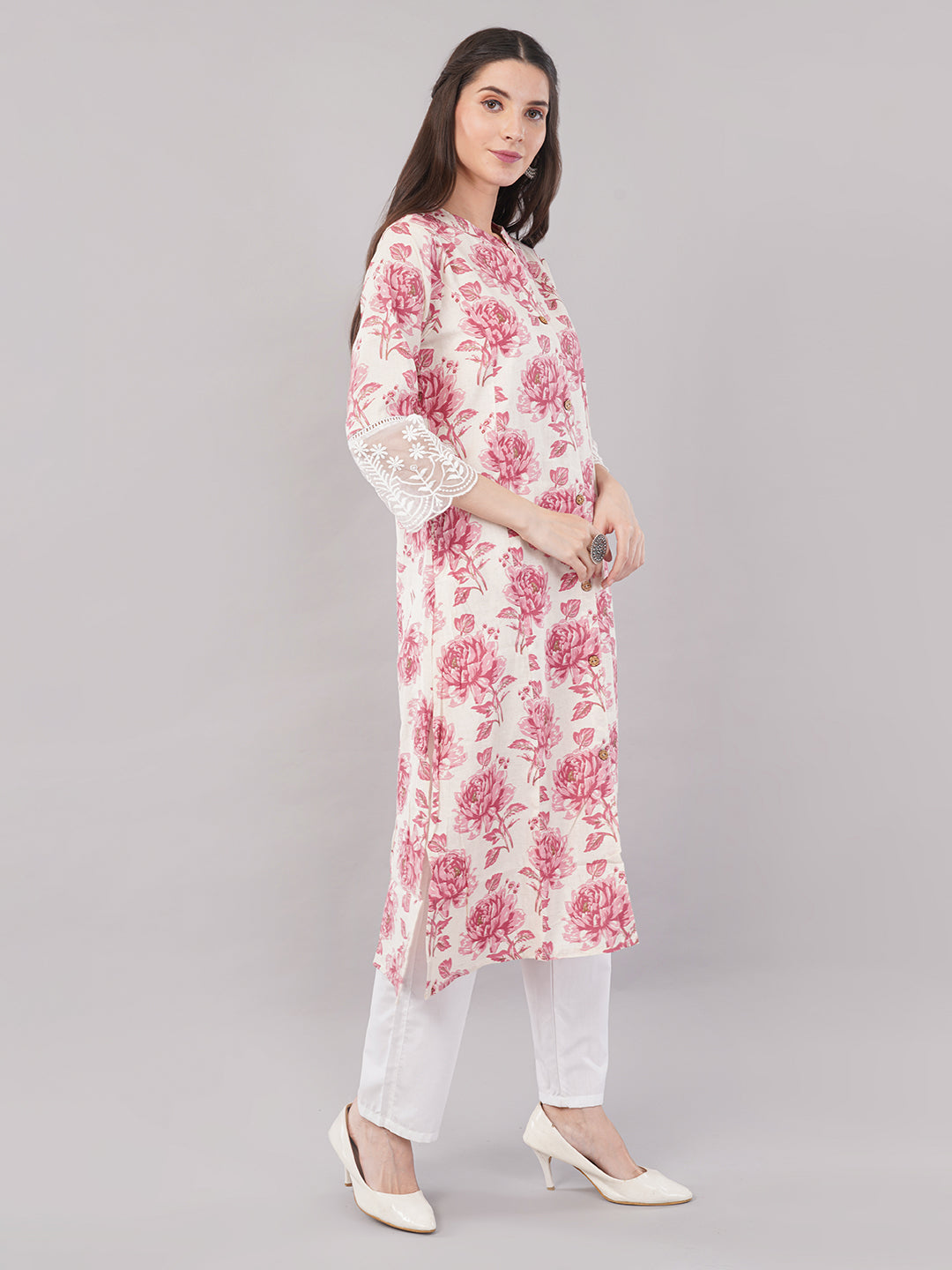 Floral Printed Straight Kurta with Lace Cuff Detailing – Pink &amp; White
