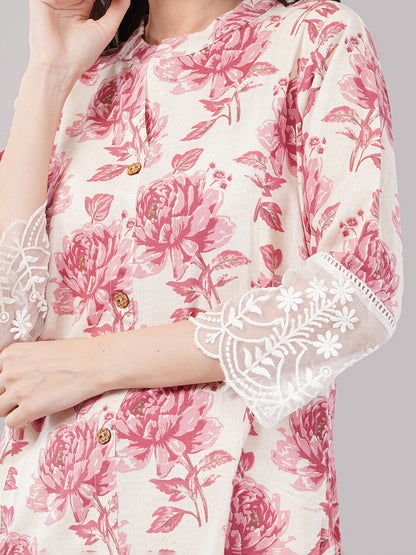 Floral Printed Straight Kurta with Lace Cuff Detailing – Pink &amp; White