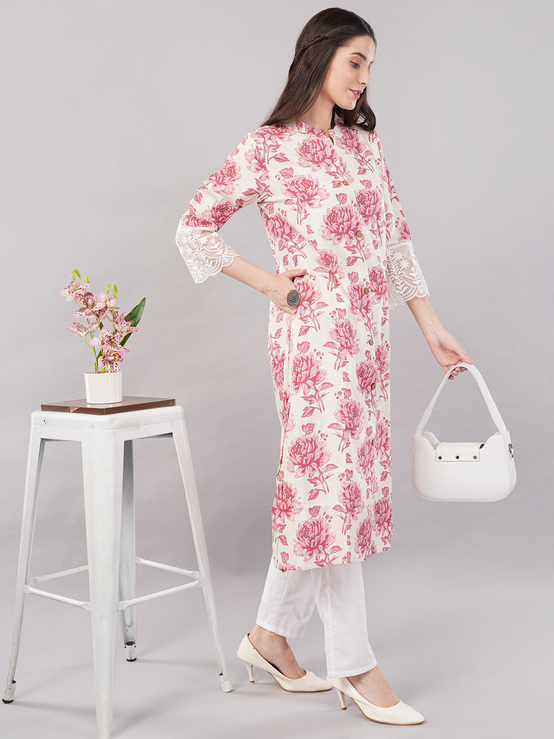 Floral Printed Straight Kurta with Lace Cuff Detailing – Pink &amp; White