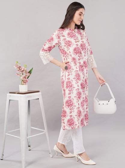 Floral Printed Straight Kurta with Lace Cuff Detailing – Pink &amp; White